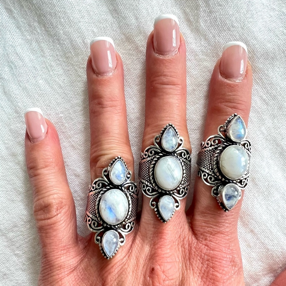 925 OMG! Gorgeous! Triple Rainbow Flash Moonstone Ring 6 7 8 9 10 - Picture 4 of 11